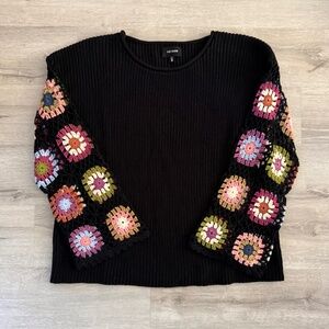 HEYSON Women’s Black Crew Neck Boho Sweater w/ Crochet Sleeves Small colorful